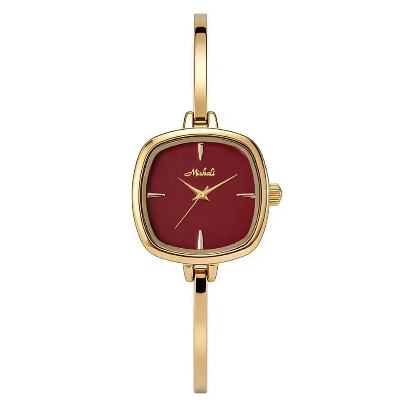 Mishali M24047 Bracelet Watch-  Golden Bracelet Wine Red Face