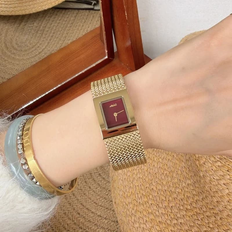 Mishali 250681 Luxury Bracelet Watch- Golden Bracelet Maroon Face