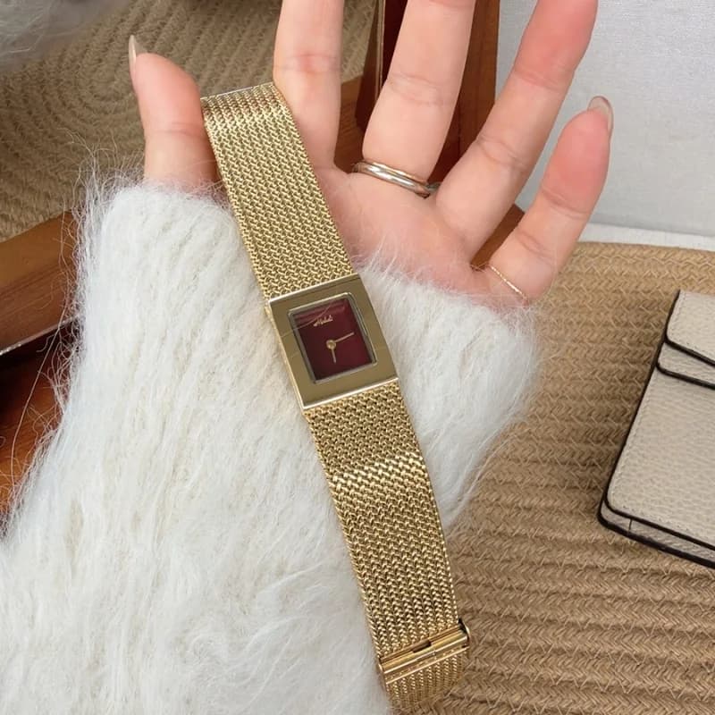Mishali 250681 Luxury Bracelet Watch- Golden Bracelet Maroon Face – view 3