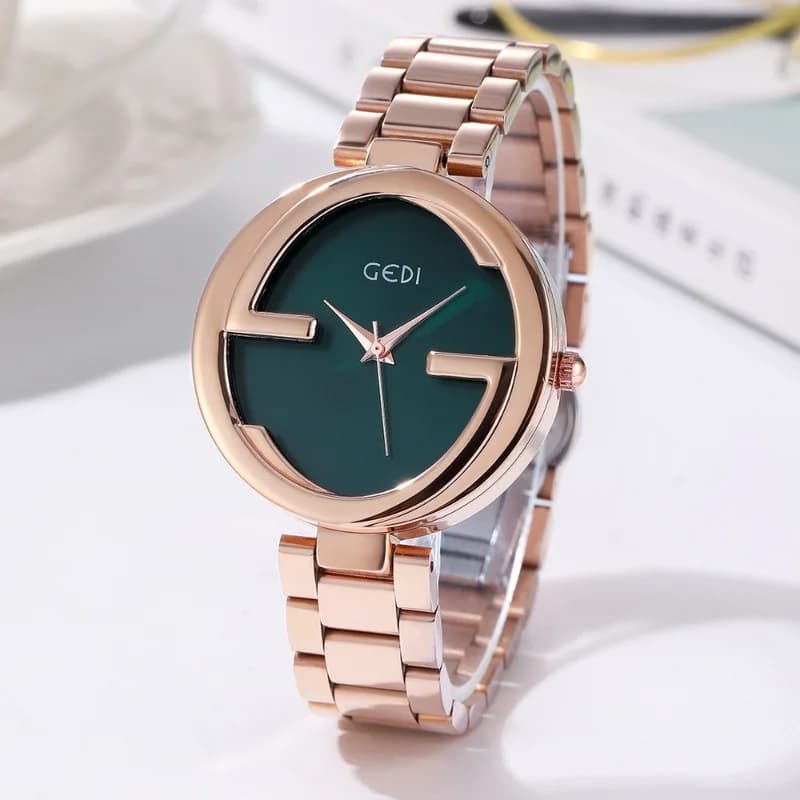 GEDI 8071 Gucci Inspired Design- Rose Gold Bracelet Green Face