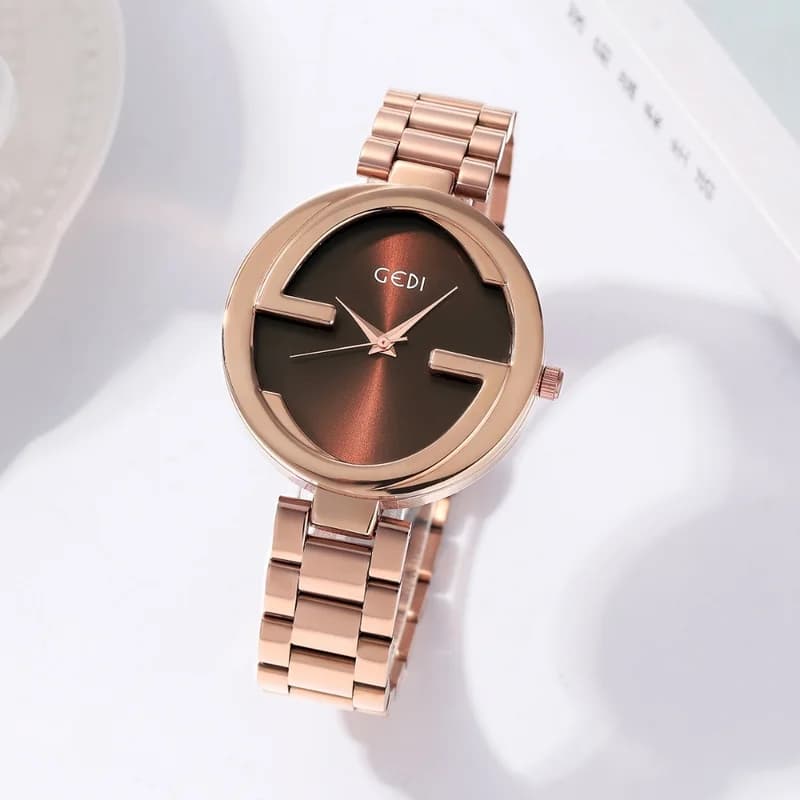 GEDI 8071 Gucci Inspired Design- Rose Gold Bracelet Brown Face