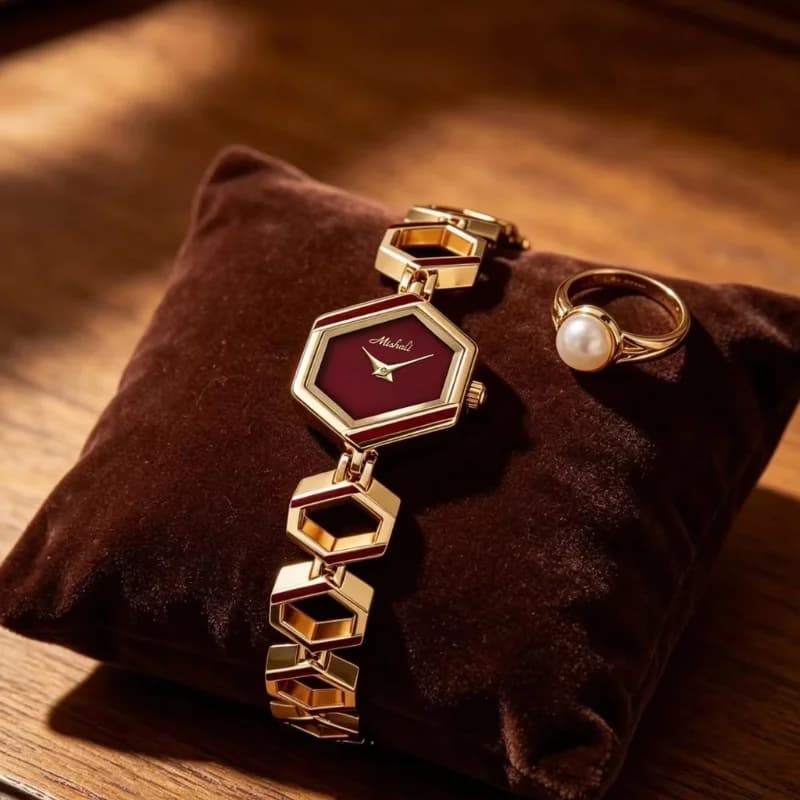 Mishali 25118 Luxury Ladies Watch- Golden Bracelet Maroon Face