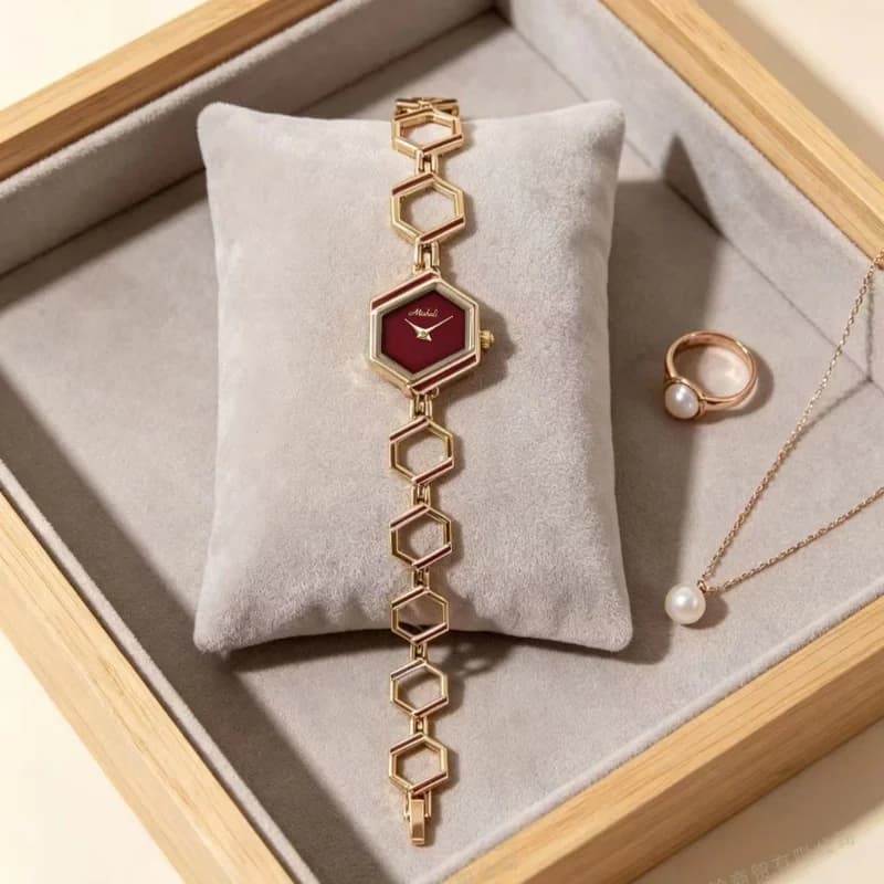 Mishali 25118 Luxury Ladies Watch- Golden Bracelet Maroon Face – view 2