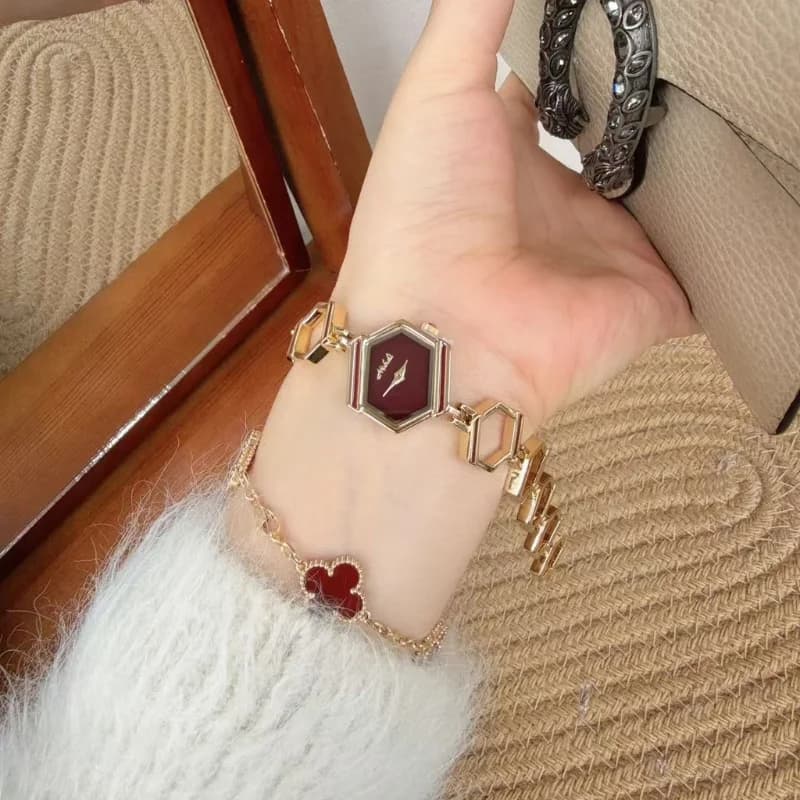 Mishali 25118 Luxury Ladies Watch- Golden Bracelet Maroon Face – view 3