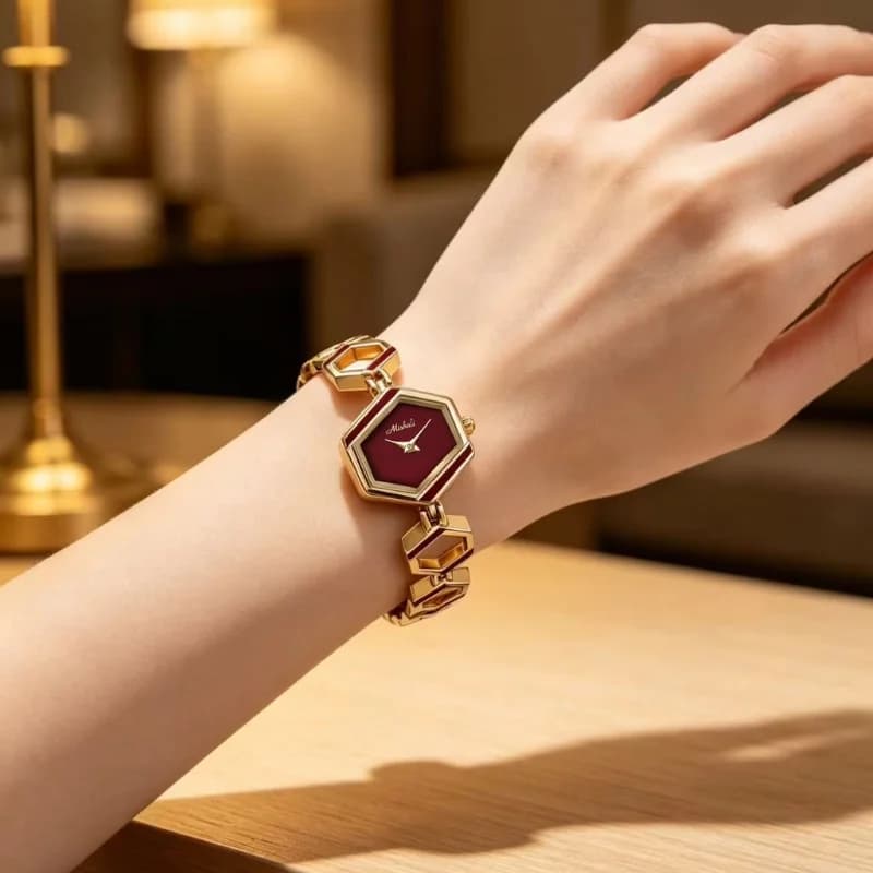 Mishali 25118 Luxury Ladies Watch- Golden Bracelet Maroon Face – view 4