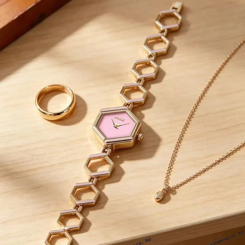 Mishali 25118 Luxury Ladies Watch- Golden Bracelet Pink Face – view 3