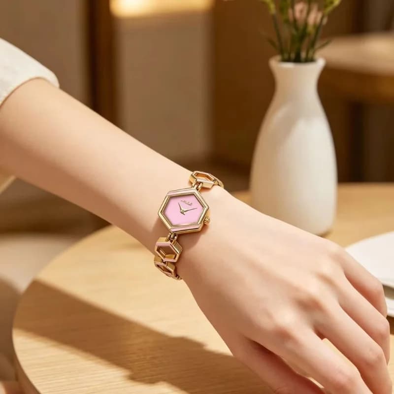 Mishali 25118 Luxury Ladies Watch- Golden Bracelet Pink Face – view 4