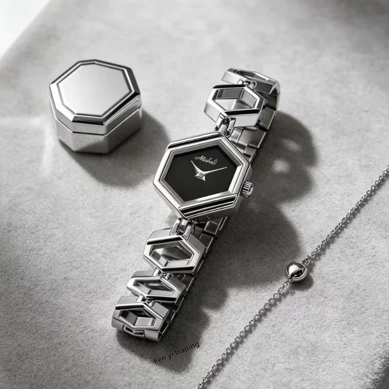 Mishali 25118 Luxury Ladies Watch- Silver Bracelet Black Face