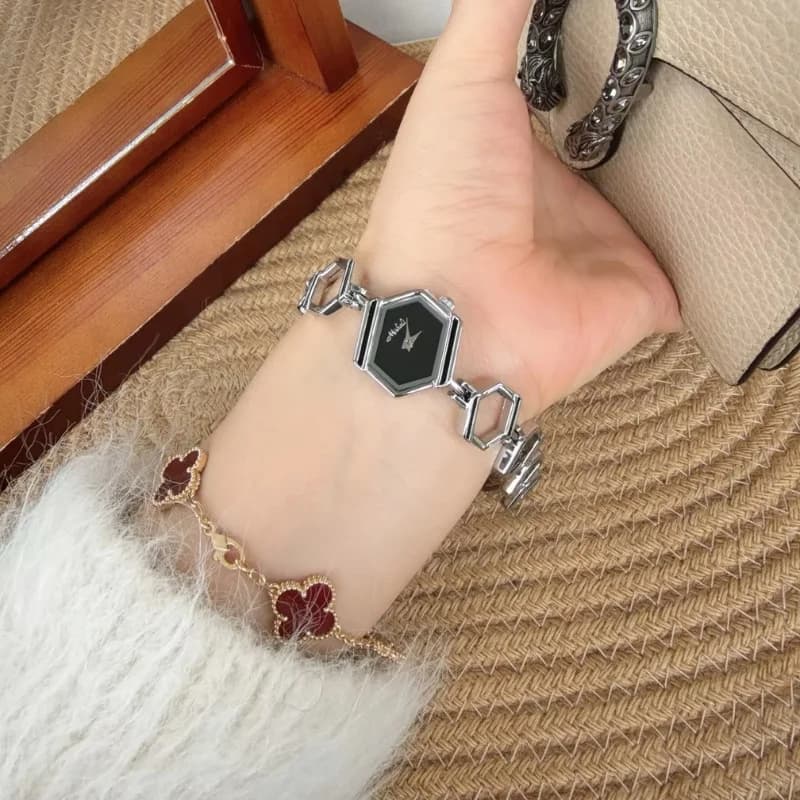 Mishali 25118 Luxury Ladies Watch- Silver Bracelet Black Face – view 3