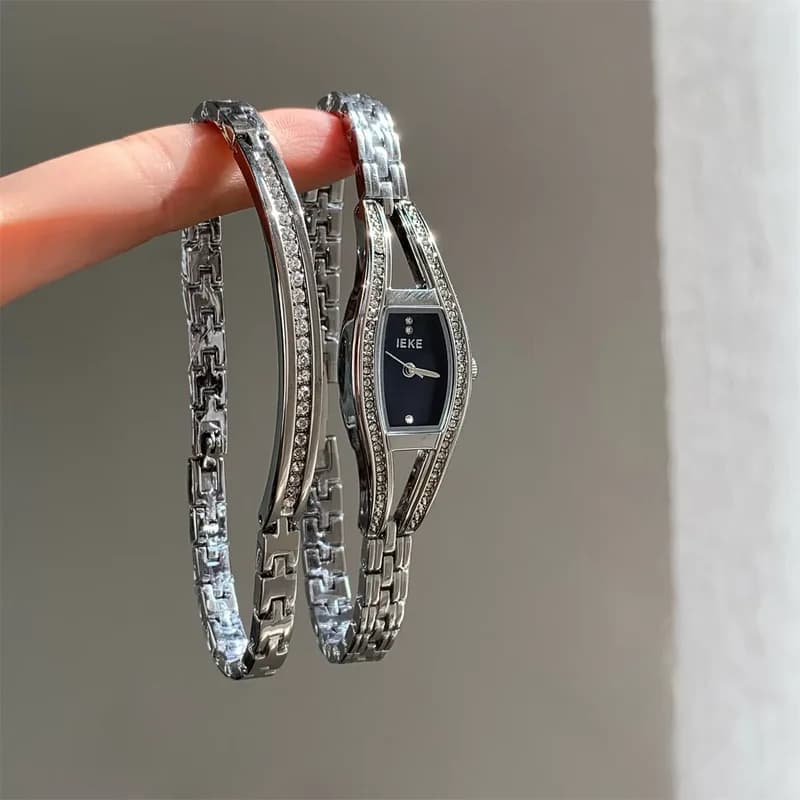 IEKE 88415- Silver Bracelet Black Face with Matching Bracelet