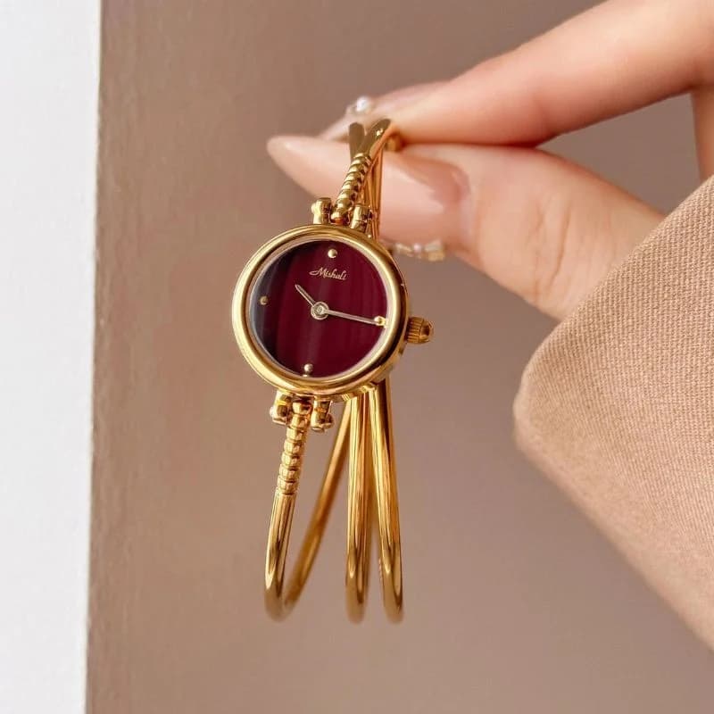 Mishali M2505 3 Golden Bangles Maroon Face Ladies Watch