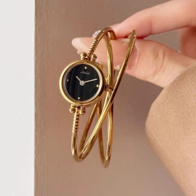 Mishali M2505 3 Golden Bangles Black Face Ladies Watch