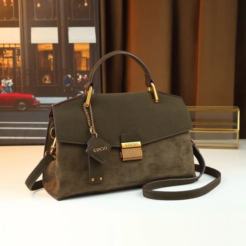 Cocio Green Handbag for Women New Brush Leather Suede High-End Ladies Crossbody Bag