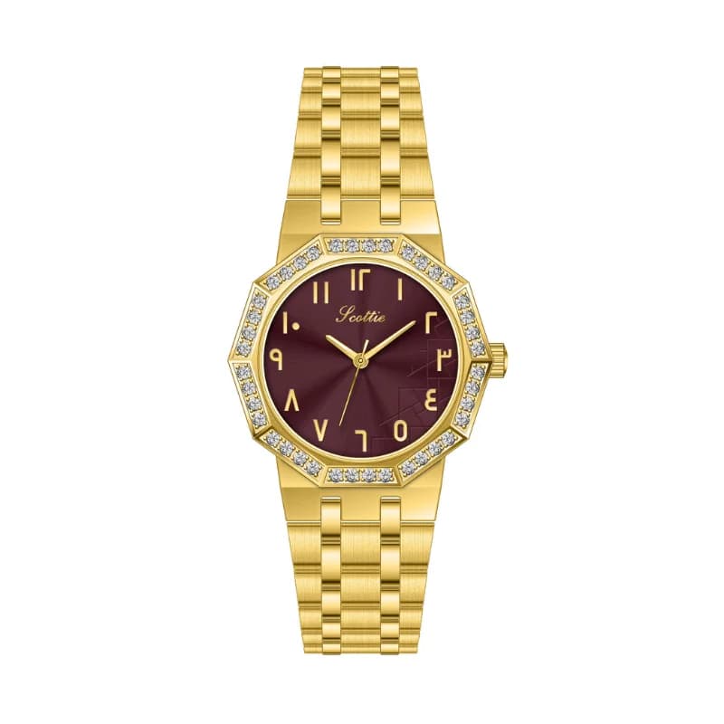 Scottie 9799 Golden Bracelet With Maroon Arabic Dial