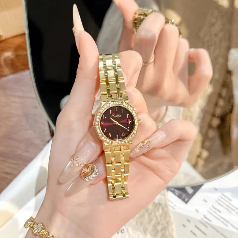 Scottie 9799 Golden Bracelet With Maroon Arabic Dial – view 2