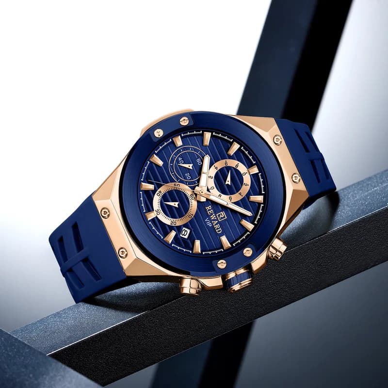 Reward RD834164M Rose Gold Case Blue Strap Blue Face- Chronograph