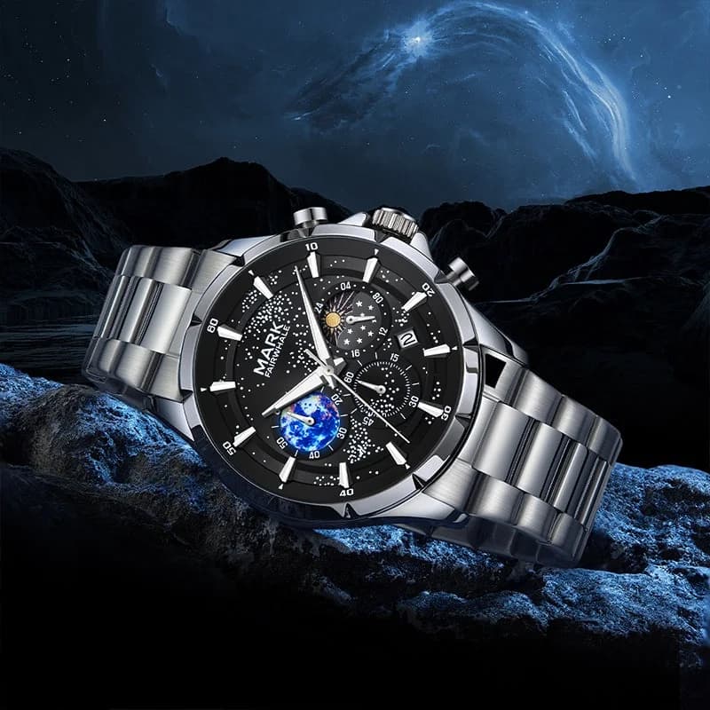 Fairwhale FW-5870 Astrix Silver Bracelet Black Face- Chronograph