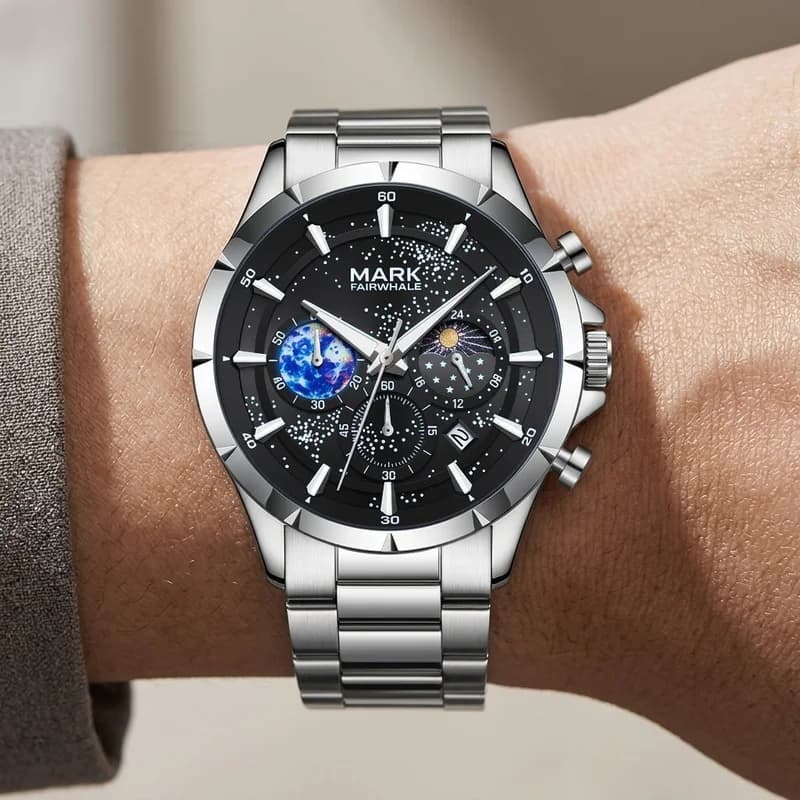 Fairwhale FW-5870 Astrix Silver Bracelet Black Face- Chronograph – view 3