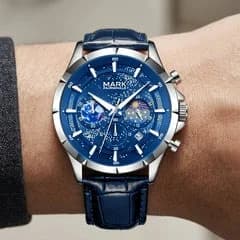 Fairwhale FW-5870 Lunavor Blue Leather Strap Blue Face- Moon Phase Chronograph