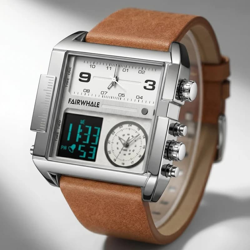 Fairwhale FW-4270 Militrax Brown Leather Strap Silver Face- Chronograph – view 3
