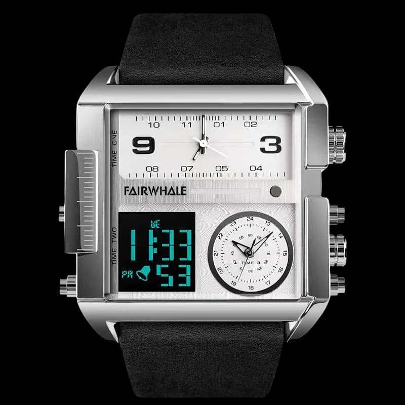 Fairwhale FW-4270 Militrax Black Leather Strap Silver Face- Chronograph – view 3