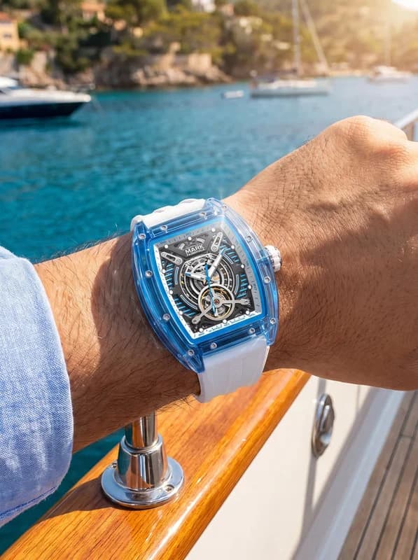 Fairwhale FW-6860 Deep Glow Blue Case White Strap Skeleton Face- Automatic – view 2