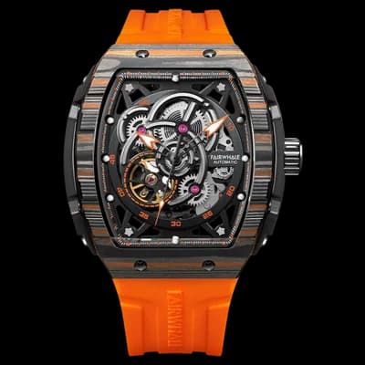 Fairwhale FW-6660 Carbon Fiber Orange Strap Skeleton Face- Automatic
