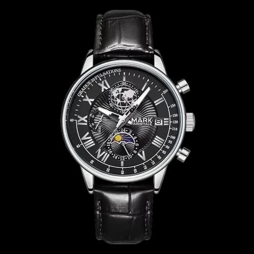 Fairwhale FW-5067 Silver Case Black Leather Strap Black Face- Moon Phase Chronograph