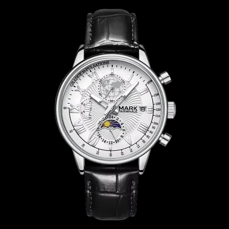 Fairwhale FW-5067 Silver Case Black Leather Strap Black Face- Moon Phase Chronograph – view 2