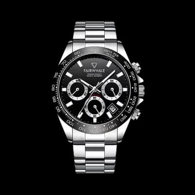 Fairwhale FW-5030 Orionis Silver Bracelet Black Face- Chronograph
