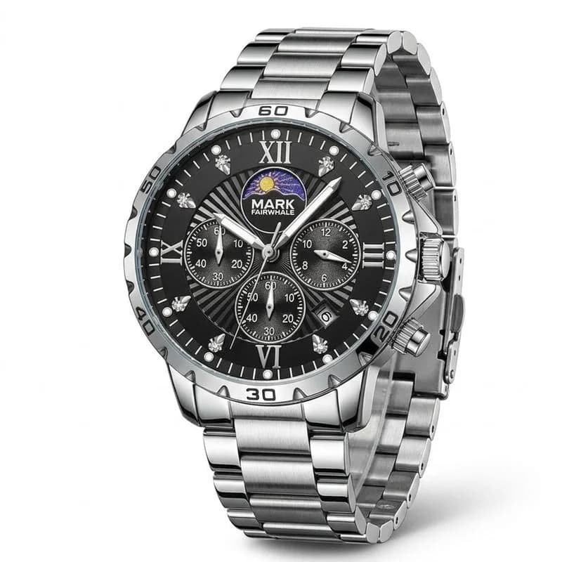 Fairwhale FW-5048 Classitor Silver Bracelet Black Face- Moon Phase Chronograph – view 2