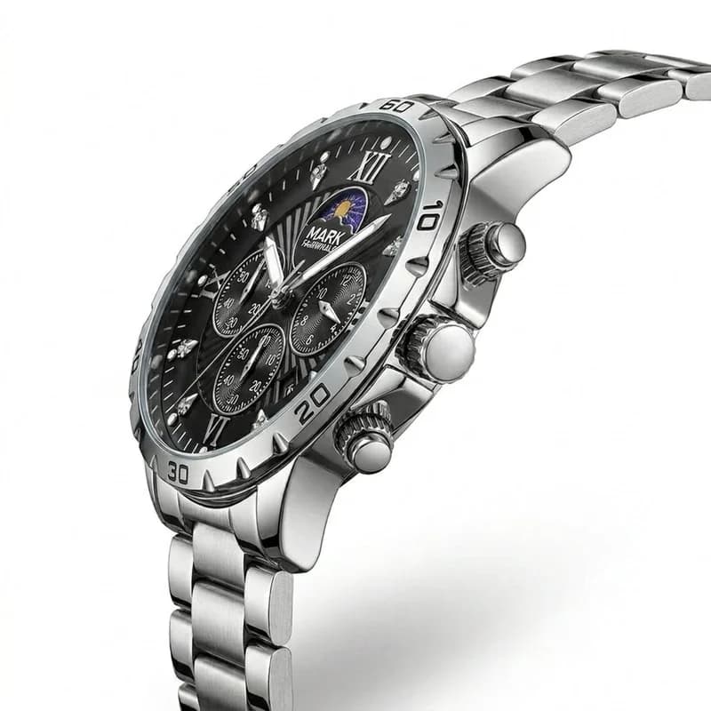 Fairwhale FW-5048 Classitor Silver Bracelet Black Face- Moon Phase Chronograph – view 3