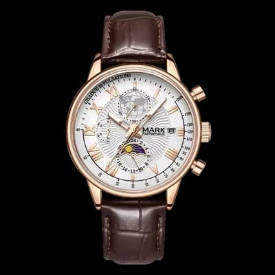 Fairwhale FW-5067 Rose Gold Case Brown Leather Strap White Face- Moon Phase Chronograph