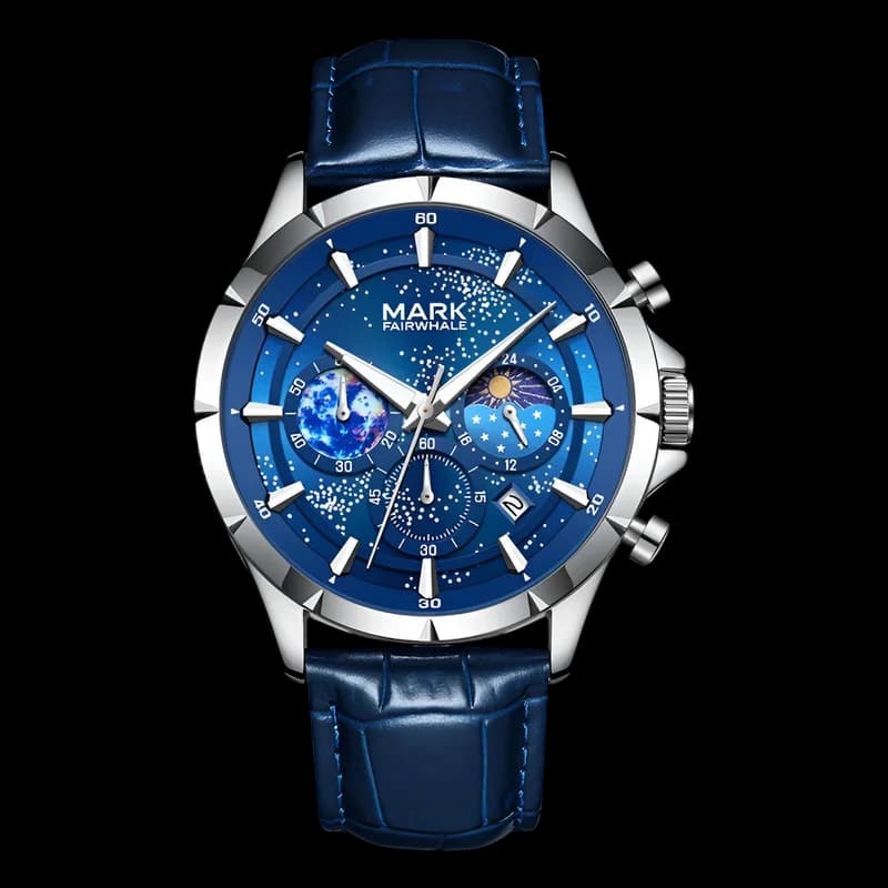 Fairwhale FW-5870 Lunavor Blue Leather Strap Blue Face- Moon Phase Chronograph