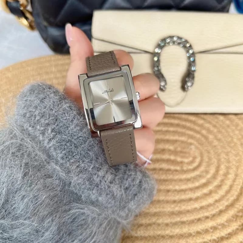 Mishali M21026 Gray Leather Belt Silver Face